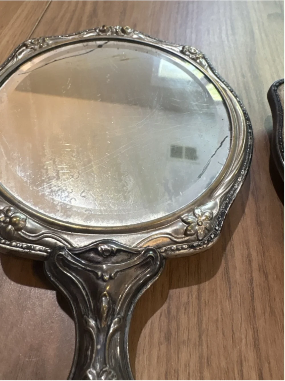 VTG Art Nouveau Silver plate Cherub Angel Hand Held Vanity Mirror & Brush BS